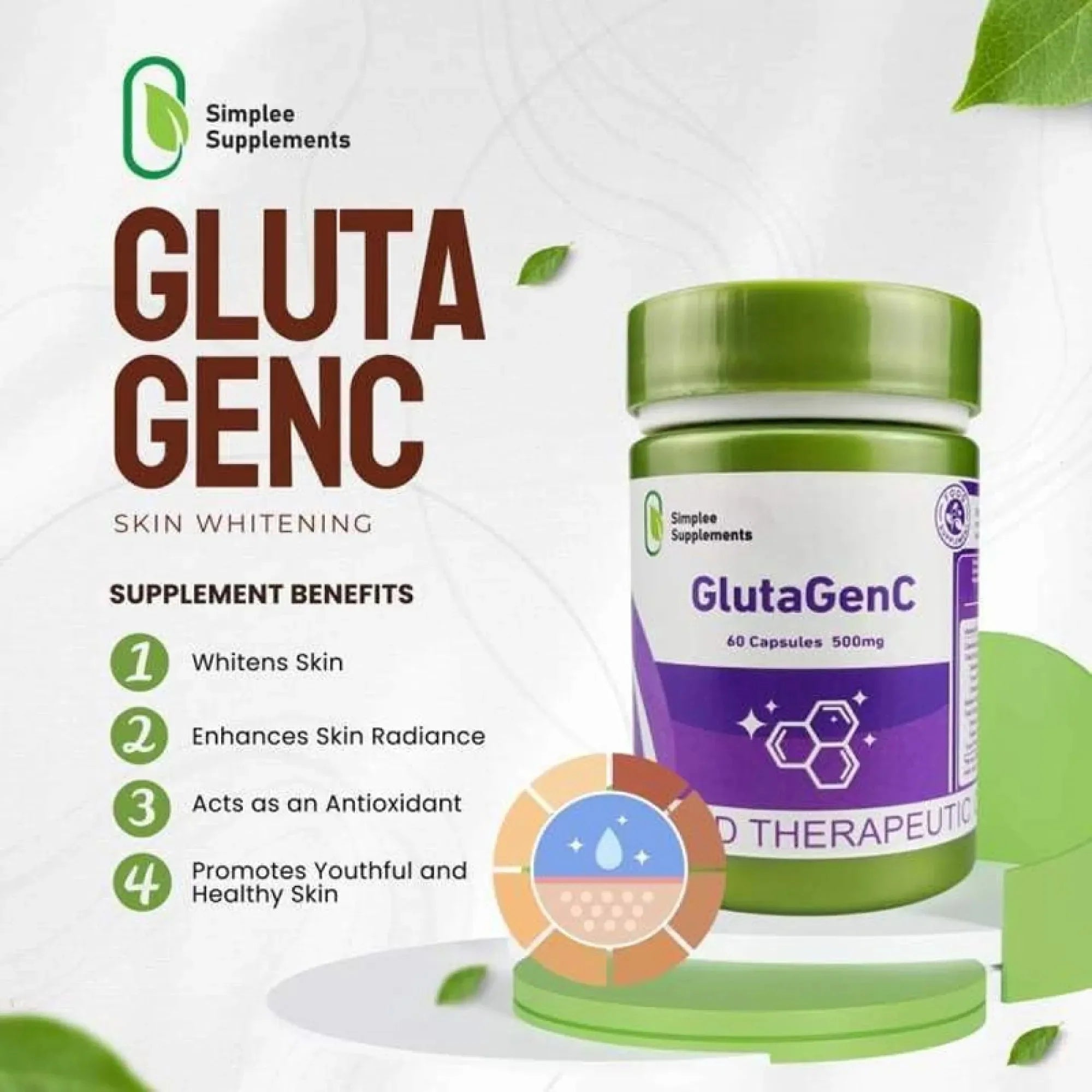 Simplee Supplements GlutaGenC – 500mg Skin Brightening &amp; Antioxidant Capsules (60 Capsules)
