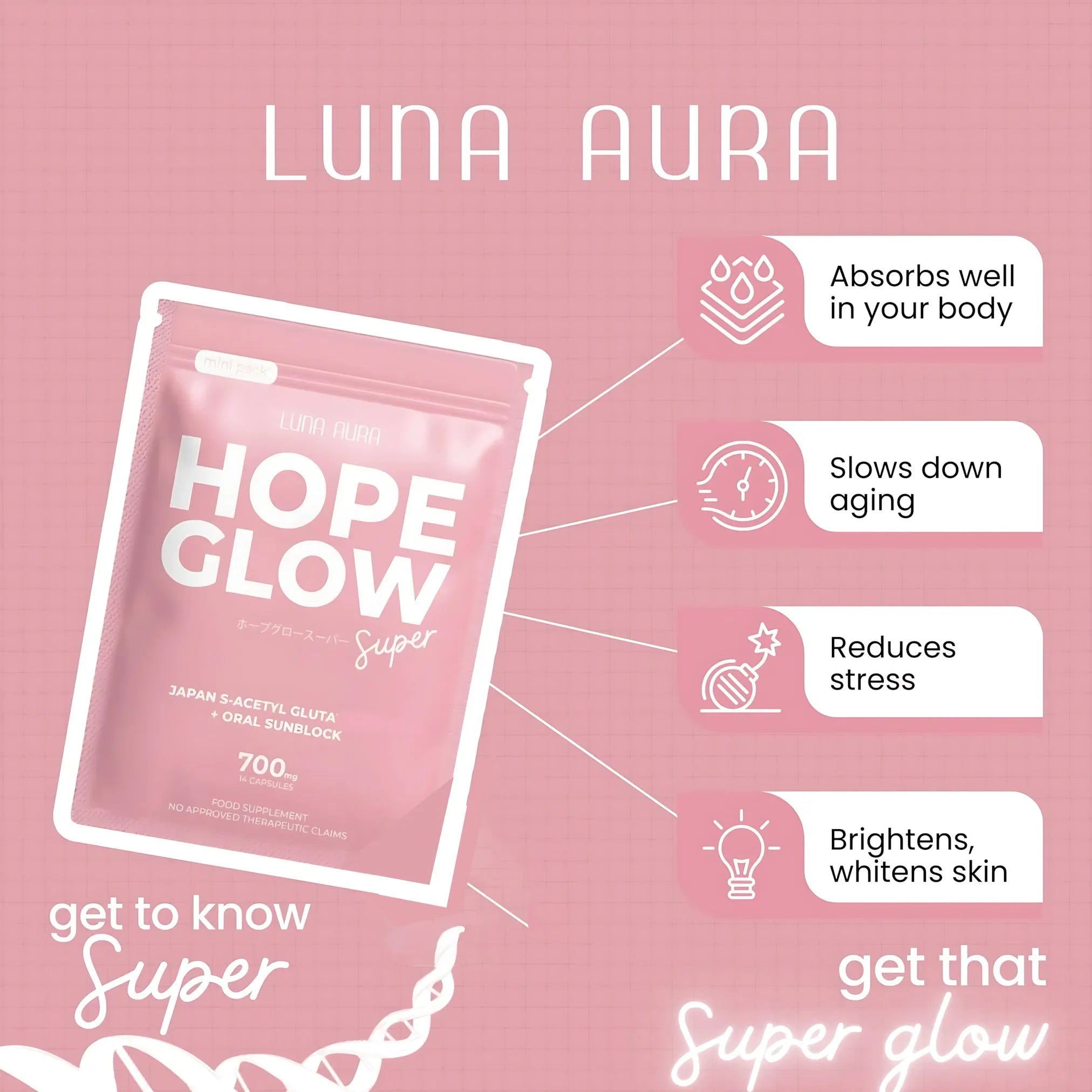 Luna Aura Hope Glow Advanced Glutathione Super Mini – 700mg (14 Capsules)