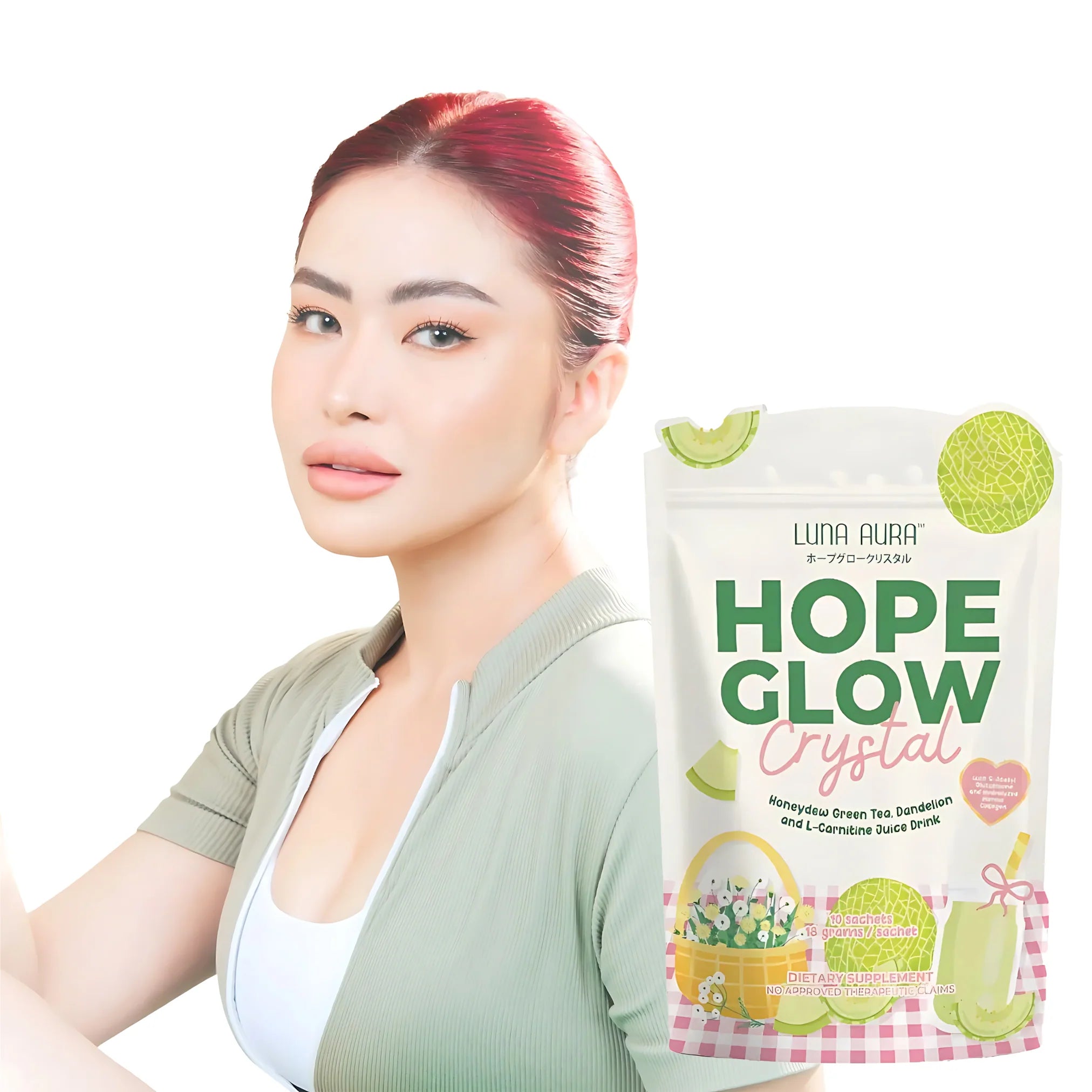 Luna Aura Hope Glow Crystal – Honeydew Green Tea with Dandelion & L-Carnitine (10 Sachets x 18g)