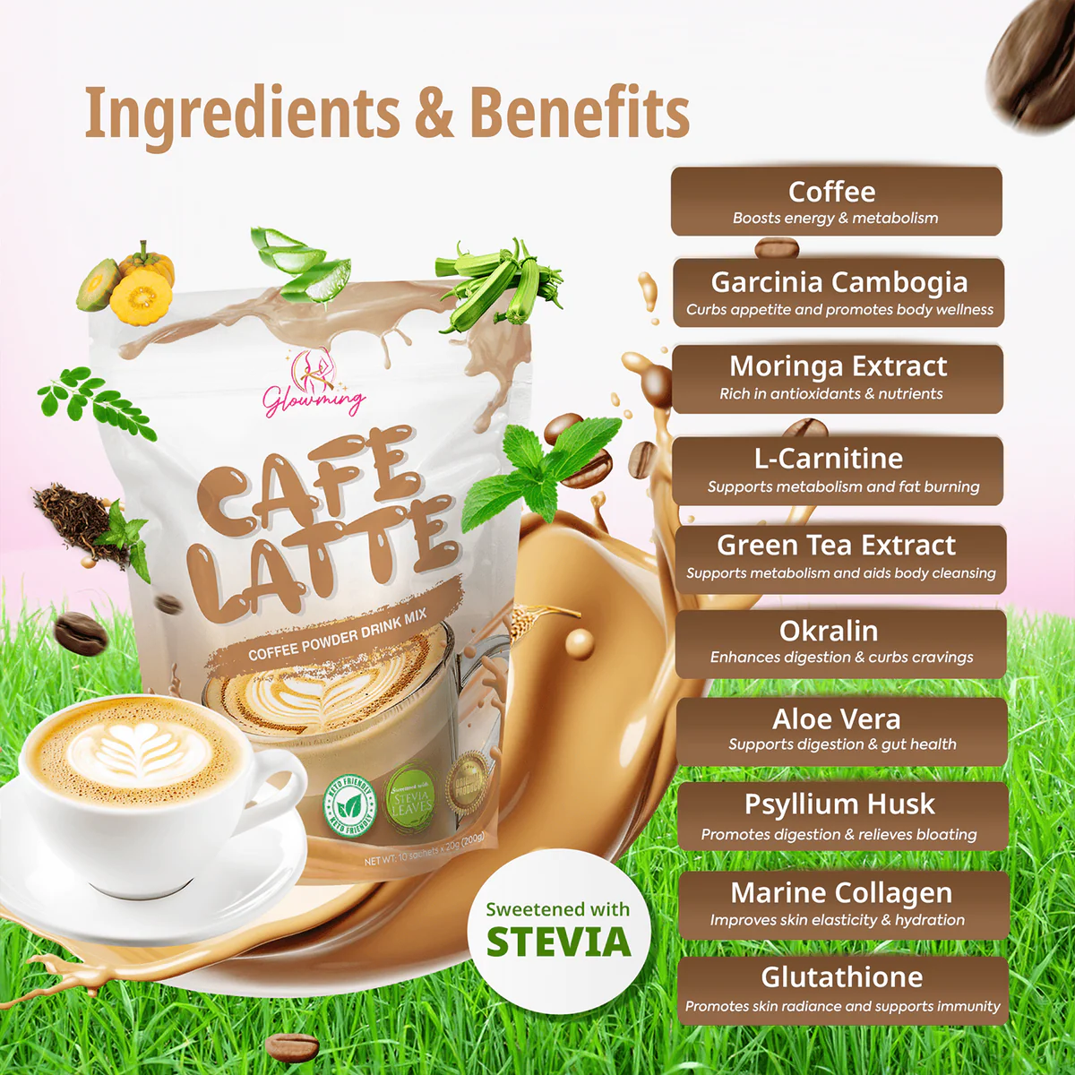 Glowming Health &amp; Beauty Drink – Cafe Latte 20gx 10 sachet, 200g