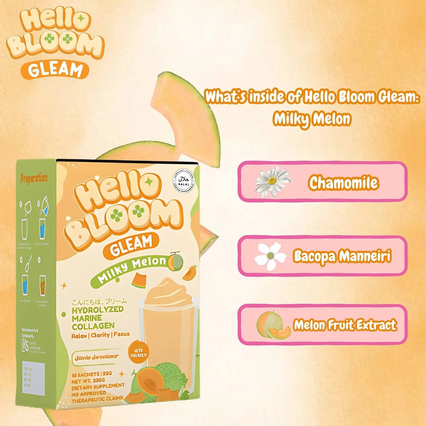 Hello Bloom Gleam Milky Melon Collagen Beauty Supplement - 180g