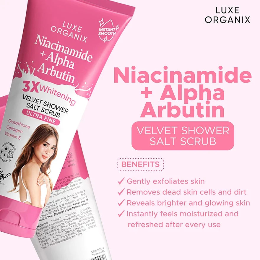 Luxe Organix Niacinamide + Alpha Arbutin Velvet Shower Salt Scrub – 320g