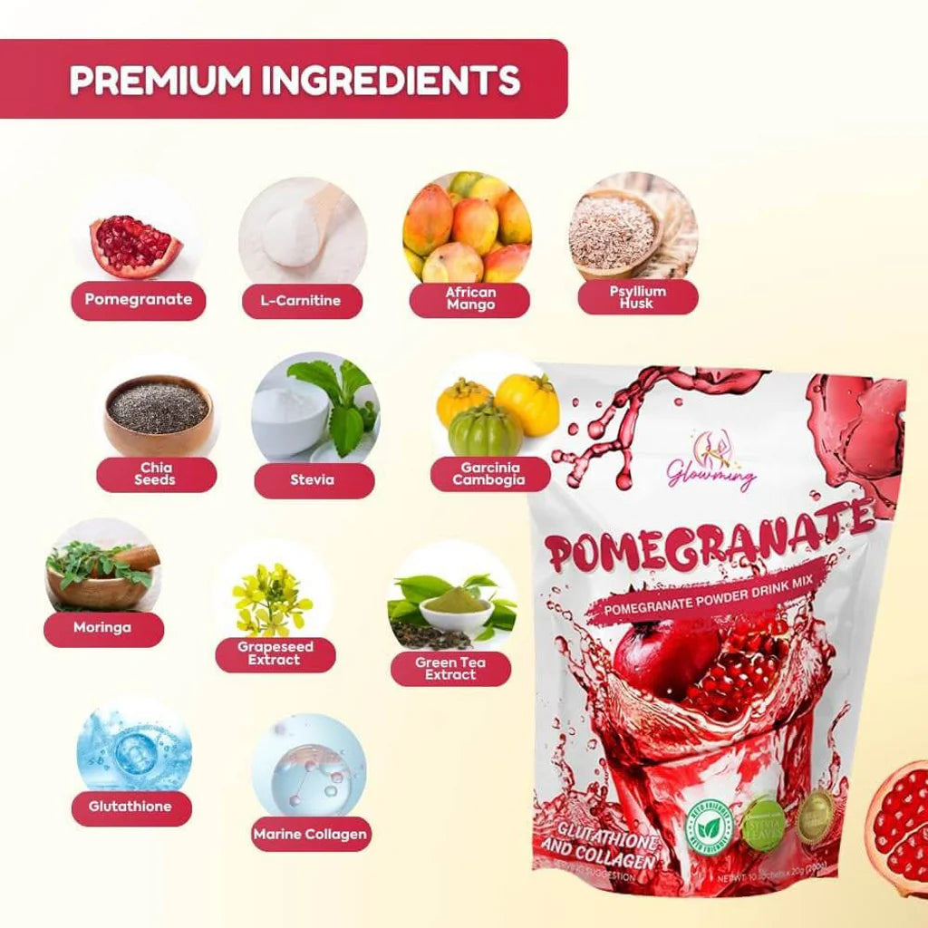 Glowming Pomegranate With Glutathione &amp; Collagen Powder Drink Mix – 20g x 10 Sachets