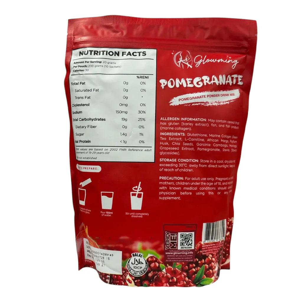 Glowming Pomegranate With Glutathione &amp; Collagen Powder Drink Mix – 20g x 10 Sachets