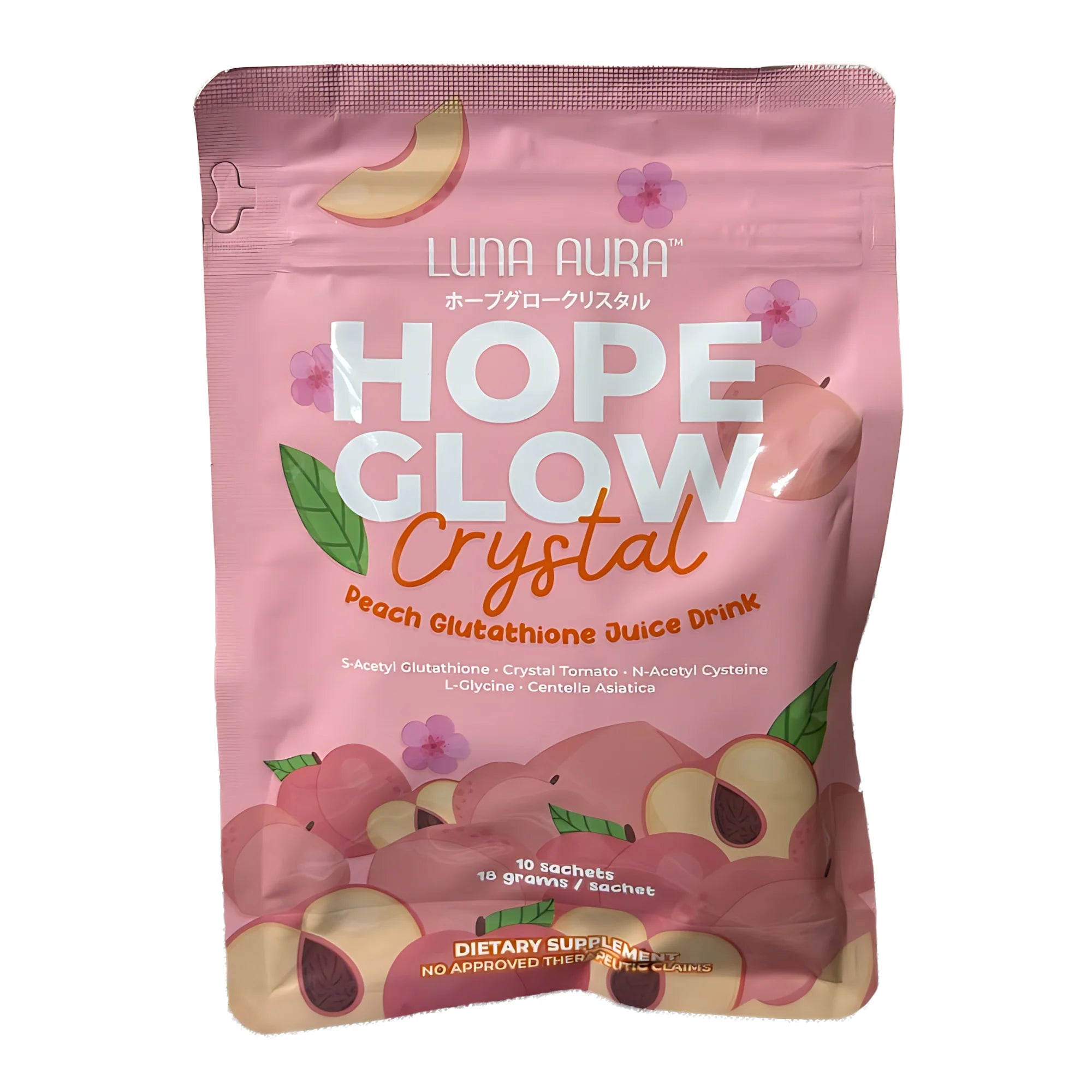 Luna Aura Hope Glow Crystal Peach Glutathione Juice Drink – 10 Sachets (18g each)
