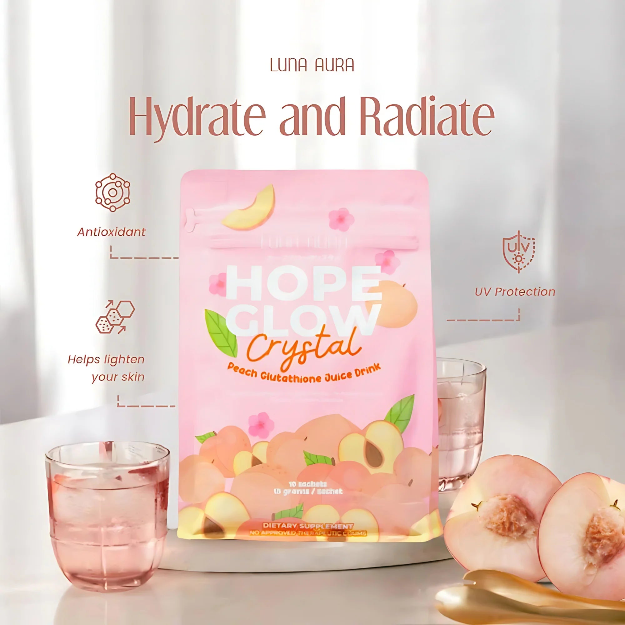 Luna Aura Hope Glow Crystal Peach Glutathione Juice Drink – 10 Sachets (18g each)
