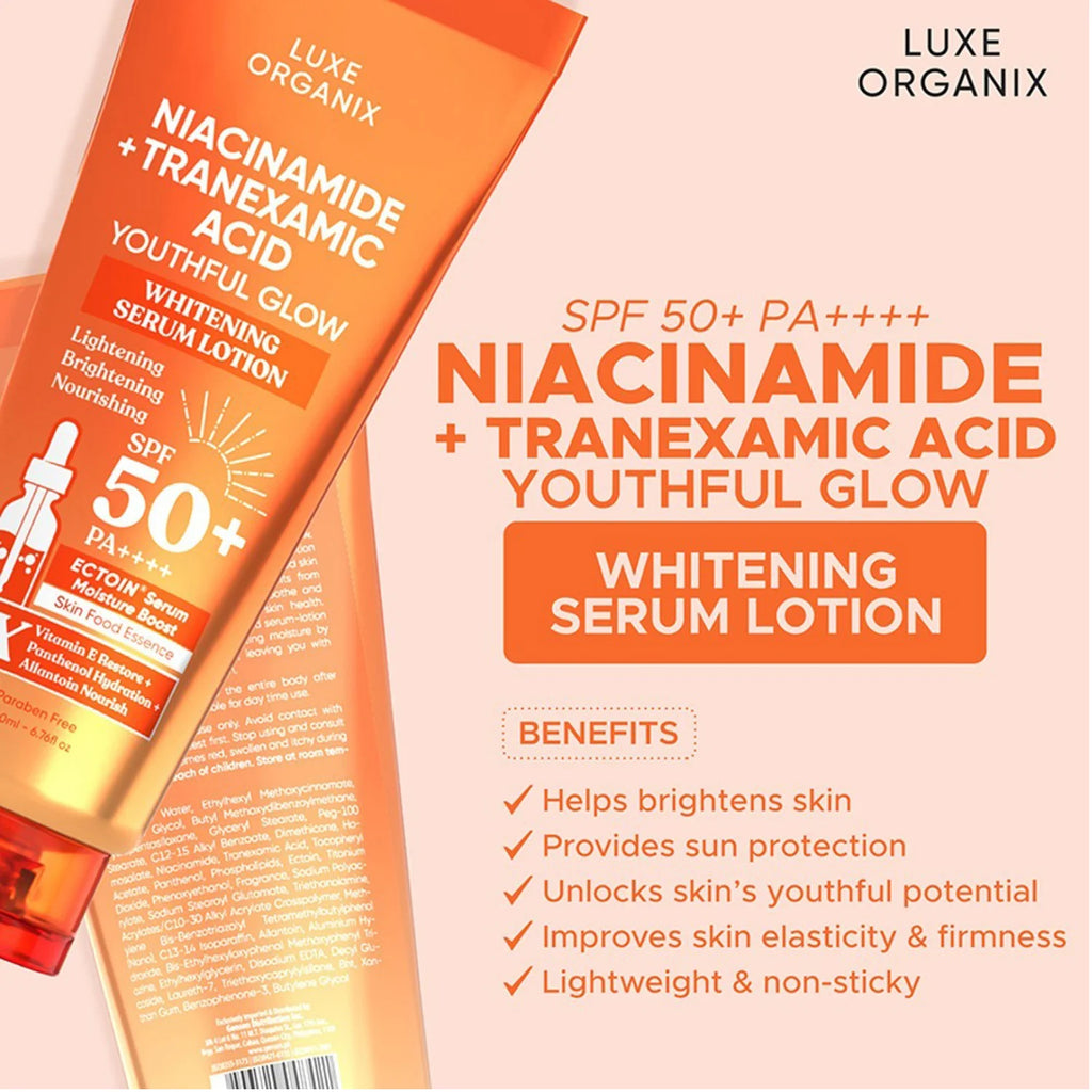 Luxe Organix Niacinamide + Tranexamic Acid Youthful Glow Whitening Serum Lotion SPF 50+ PA++++