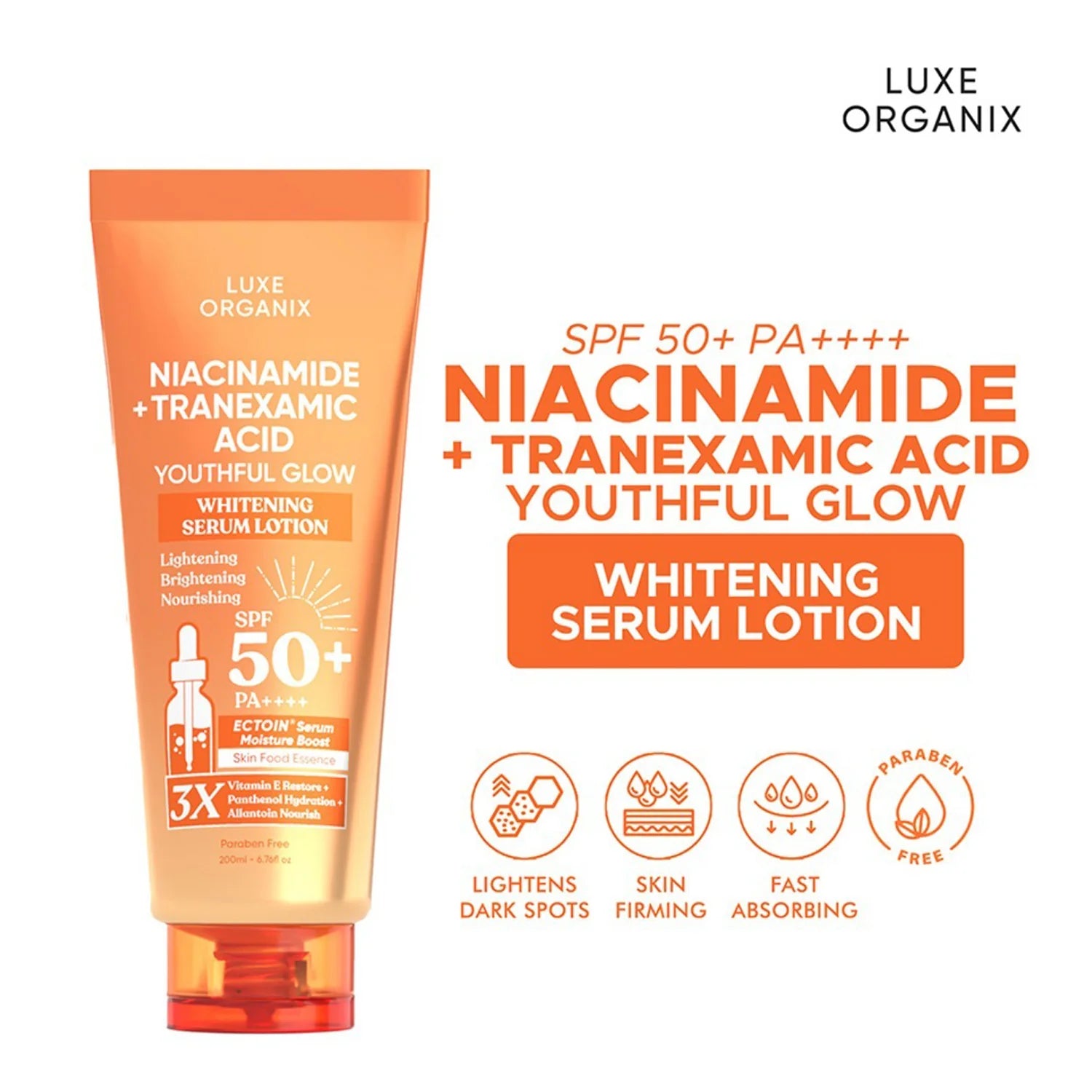 Luxe Organix Niacinamide + Tranexamic Acid Youthful Glow Whitening Serum Lotion SPF 50+ PA++++