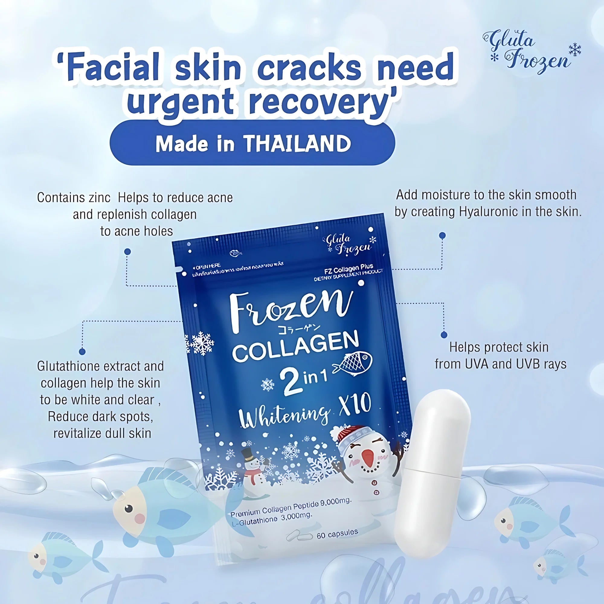 Frozen Collagen 2-in-1 Whitening X10 by Gluta Frozen – 60 Capsules